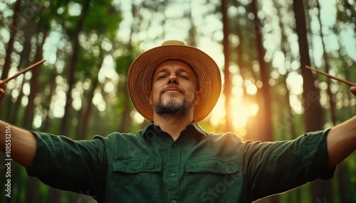 Spiritual Seeker Dowsing in Mystical Forest Discovering Hidden Energy with Nature's Secrets, Man Using Dowsing Rods for Energy Exploration photo