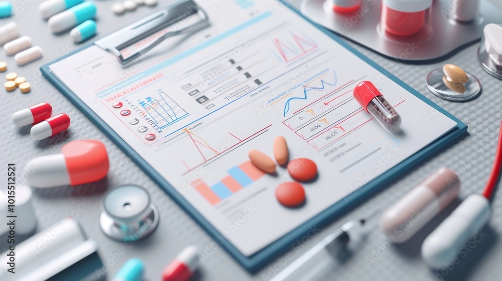 Fototapeta premium A close-up image of medical statistics on a clipboard, surrounded by colorful pills and a syringe, representing a medical examination or treatment setting. Ideal for illustrating healthcare or