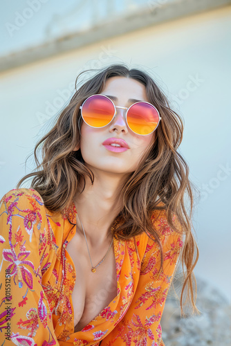 Stylish woman in sunglasses and hat, with retro summer fashion look photo