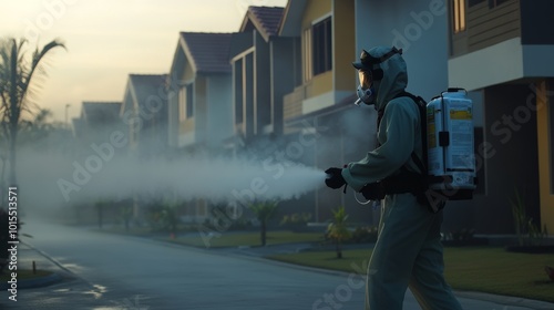 Fogging officers in residential neighborhood of Cilegon Indonesia combatting mosquito threats through targeted pest control measures for public health photo