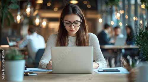 a college student is working on her project on laptop in the co working spaCE cafe in the coffeeshop 