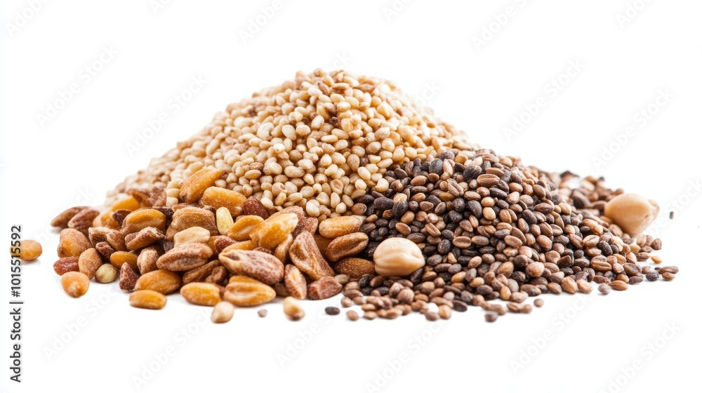 Obraz premium Close-up of a vibrant pile of mixed dry organic cereals and grains emphasizing healthy carbohydrates and nutritious ingredients for natural living