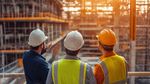 Team of construction workers discussing project plans at a busy building site, copy space