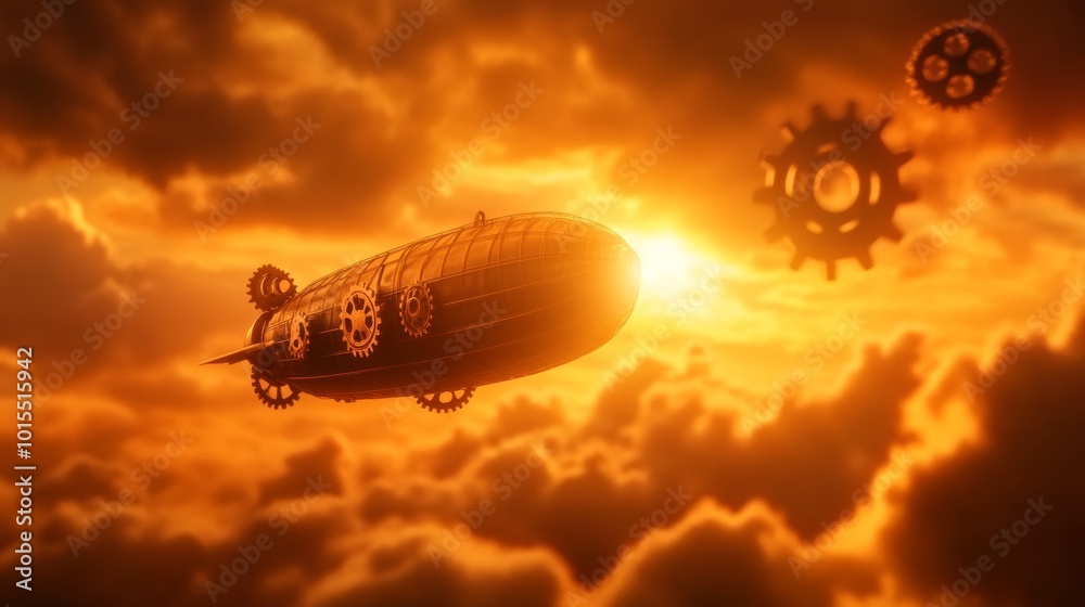 Naklejka premium Steampunk Airship Drifting Through a Golden Sky