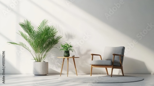 Modern Living Room Interior with Gray Furniture and Light Mock-Up Wall Featuring Stylish Armchair Green Plant and Cozy Round Carpet for Elegant Decor