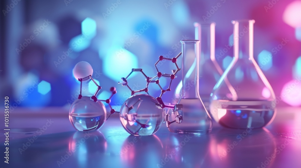 A sleek and modern science lab setup, featuring glass flasks and molecular models illuminated by blue and purple lighting. The glowing colors create a futuristic and sophisticated atmosphere, ideal