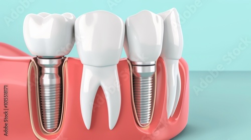 Dental implants with natural-looking crowns, close-up view, isolated background.