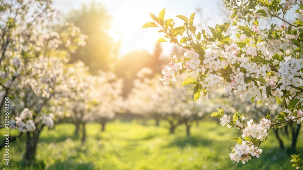 A springtime orchard in full bloom, with fruit trees covered in delicate white and pink flowers under a bright sky. A springtime orchard in full bloom, with fruit trees covered in delicate white and pink flowers under a bright sky.