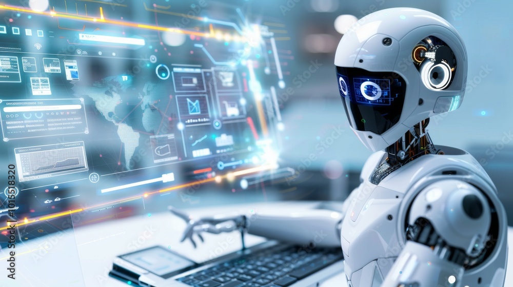 Futuristic robot interacting with computer interface and digital data display. Futuristic robot interacting with computer interface and digital data display.