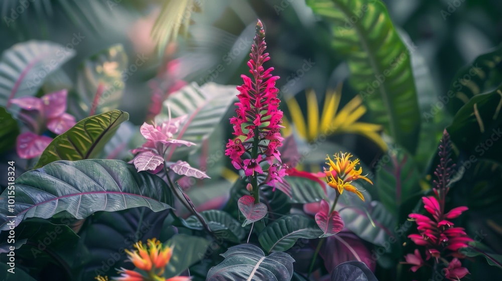 A vibrant cluster of pink, red, and yellow flowers bloom amongst lush green foliage, creating a beautiful display of tropical flora. A vibrant cluster of pink, red, and yellow flowers bloom amongst lush green foliage, creating a beautiful display of tropical flora.