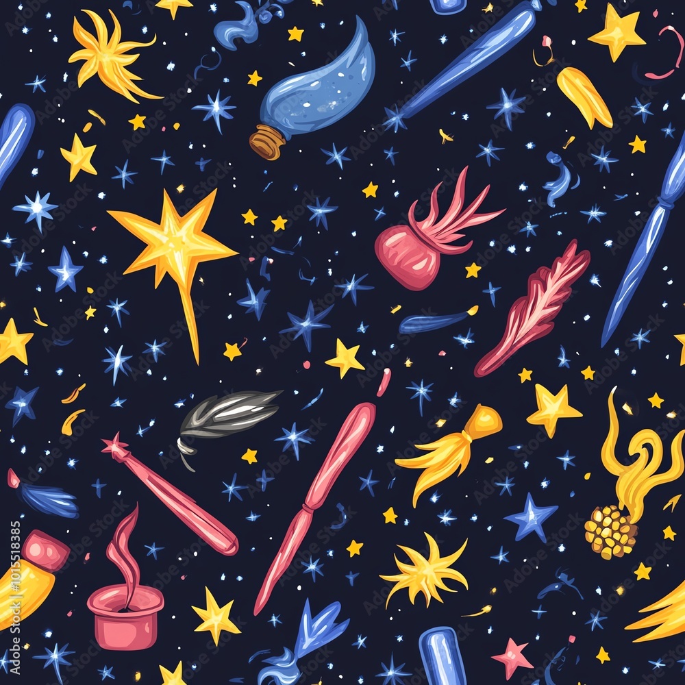 Naklejka premium Magic wand, inkwell, stars seamless pattern
