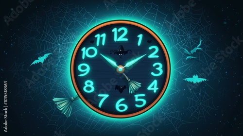 spooky clock design with glowing hands and Halloween-themed elements on a dark background.