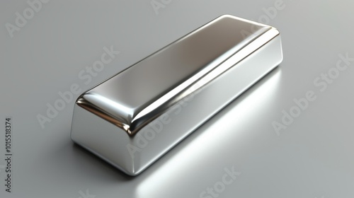 A sleek silver bullion bar resting on a reflective surface, creating an elegant yet simple industrial aesthetic. The bright reflections enhance the image