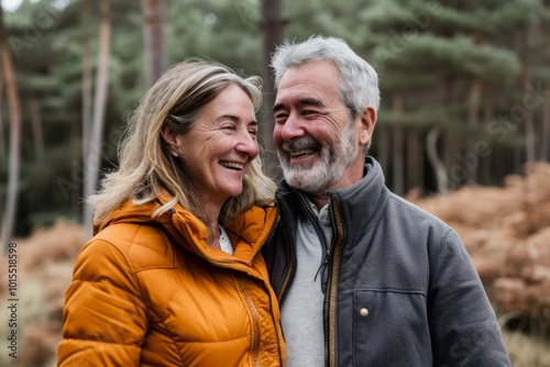 Happy senior couple in the forest. They are laughing and looking at each other.