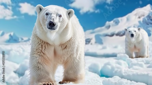 Two polar bears standing in a snowy landscape against a clear blue sky.