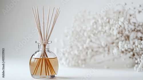 Delicate reed air freshener resting on a pristine white background showcasing natural fragrance and tranquility for a serene home environment