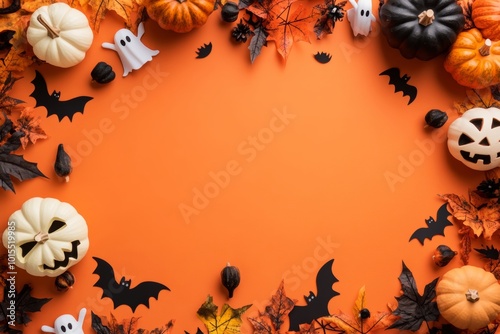 Pumpkins, bats, and leaves on an orange background. Halloween theme with free space in the center.