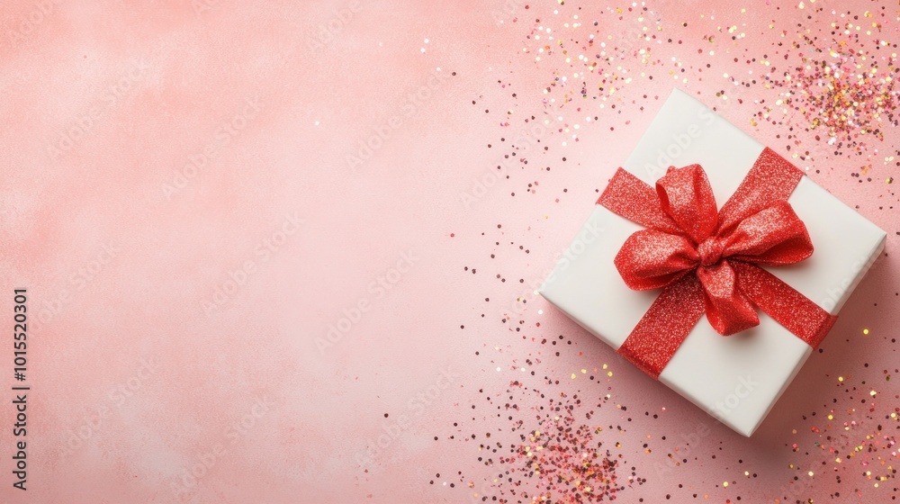 White gift box with red bow on soft pink background, top view with falling glitter and confetti, copy space White gift box with red bow on soft pink background, top view with falling glitter and confetti, copy space