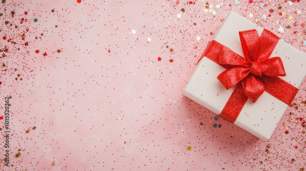 Top view of white gift box with red bow on pink background, falling glitter and confetti, space for text Top view of white gift box with red bow on pink background, falling glitter and confetti, space for text