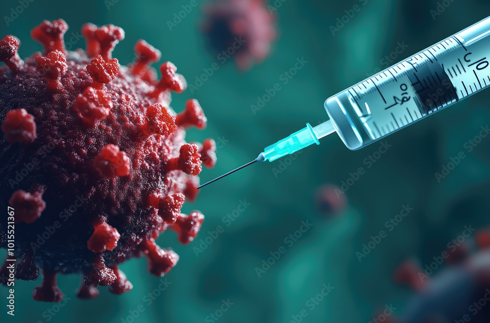 illustration of the vaccine injected to the virus on the blue background illustration of the vaccine injected to the virus on the blue background