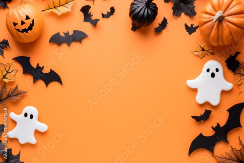 Pumpkins, bats, and leaves on an orange background. Halloween theme with free space in the center.
