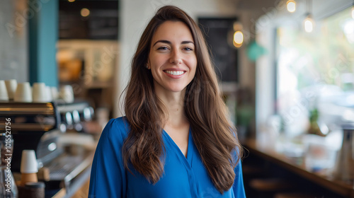 Cheerful Woman in a Bright Coffee Shop: Natural Light and Stylish Blue Blouse for Lifestyle and Marketing Imagery