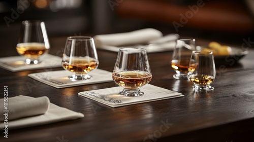 A curated display of small, crystal-clear glasses filled with various aged liquors is elegantly arranged on a dark wooden table. Each glass is placed on a white placemat featuring tasting notes