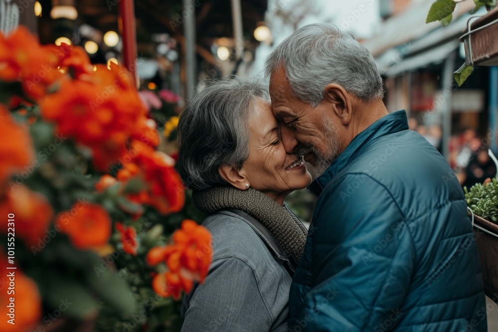 Elderly couple is kissing on the terrace of a restaurant. Elderly couple is kissing on the terrace of a restaurant.