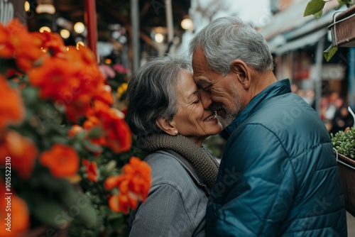 Elderly couple is kissing on the terrace of a restaurant.