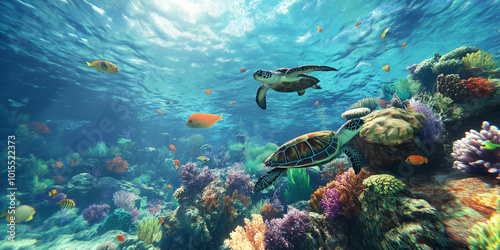 Sea Turtles Swimming in Coral Reef with Fish