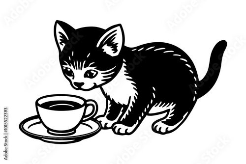 Cute Small Kitten drinks milk silhouette minimalistic vector art illustration photo