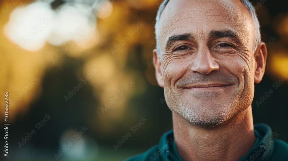 A middle-aged adult with a friendly smile and warm eyes stands outdoors, illuminated by soft natural light. The relaxed expression invites connection and approachability A middle-aged adult with a friendly smile and warm eyes stands outdoors, illuminated by soft natural light. The relaxed expression invites connection and approachability
