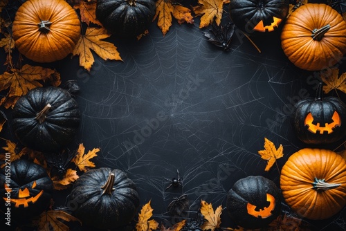 Halloween theme with gold leaves, pumpkin ,spider webs, and a black center space for text or design