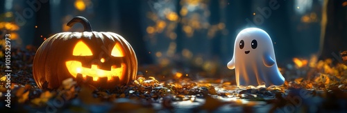 cute ghost stands by a carved pumpkin with Halloween decor on wooden table, forest blurred behind.
