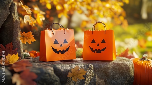 Two orange Halloween treat bags featuring jack-o'-lantern designs sit on a stone wall, surrounded by vibrant autumn leaves and pumpkins basking in sunlight, copy space 