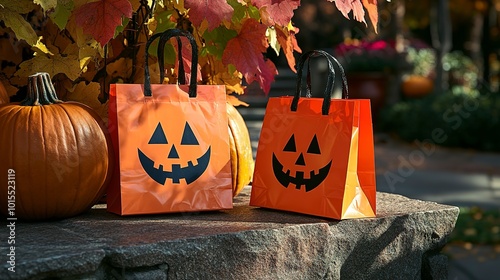 Two orange Halloween treat bags featuring jack-o'-lantern designs sit on a stone wall, surrounded by vibrant autumn leaves and pumpkins basking in sunlight, copy space  