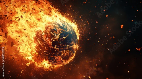 Fiery Planet Earth Symbolizing Urgency of Climate Change Global Warming Environmental Crisis and Need for Sustainable Action Against Catastrophe photo