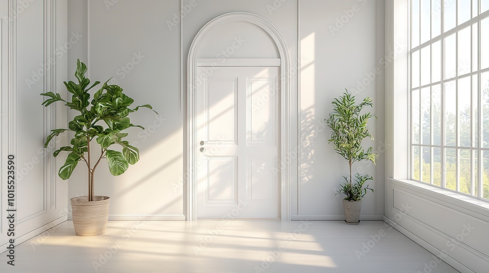 Spacious empty room with bright white door, two large windows allowing natural light, and neutral walls, creating a sense of calm and serenity. Spacious empty room with bright white door, two large windows allowing natural light, and neutral walls, creating a sense of calm and serenity.