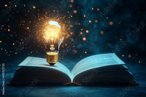 A bright light bulb hovers above an open book, symbolizing creativity, knowledge, and ideas.