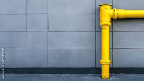 Vibrant yellow gas pipe against a residential building wall showcasing infrastructure and urban living. Safety construction and city life in harmony photo