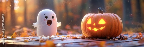 cute ghost stands by a carved pumpkin with Halloween decor on wooden table, forest blurred behind.