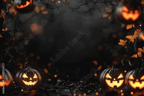 Spooky Halloween background featuring pumpkins, black ghosts, and dark space for text or design.