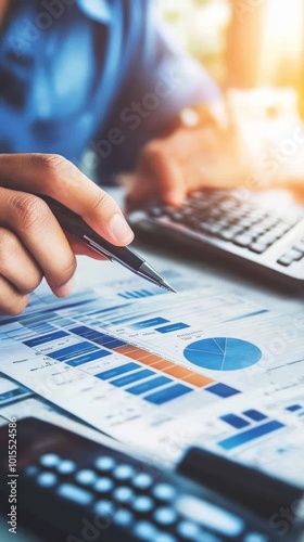 Analyzing financial data with charts and calculator on table