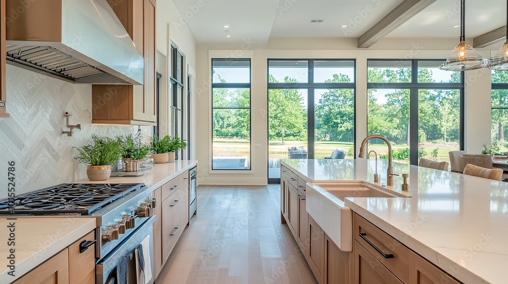 Modern kitchen design with large windows allowing natural light in during the afternoon hours, showcasing a spacious layout and elegant decor Modern kitchen design with large windows allowing natural light in during the afternoon hours, showcasing a spacious layout and elegant decor