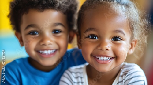 Multicultural siblings sitting closeup, adorable toddler smiling 