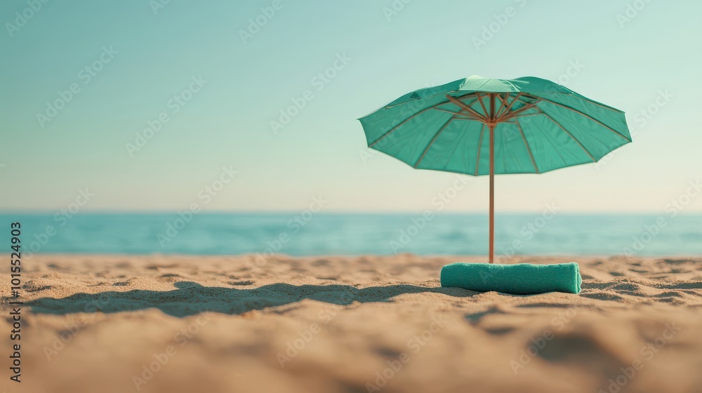 Beach umbrella and towel on the sand, relaxing vacation Beach umbrella and towel on the sand, relaxing vacation