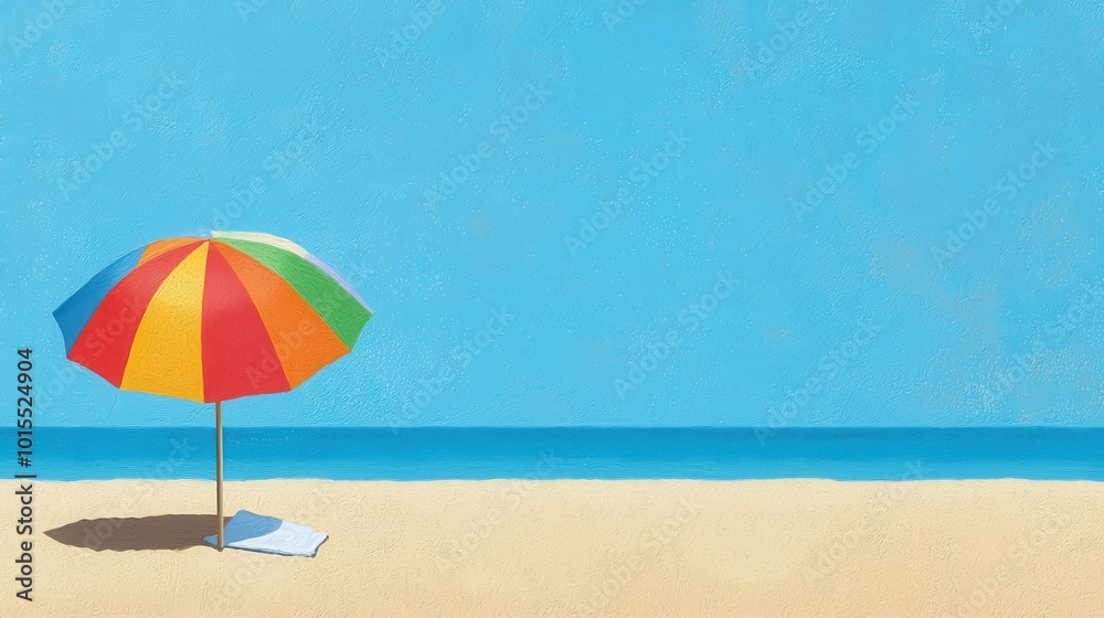 Beach umbrella and towel on the sand, relaxing vacation Beach umbrella and towel on the sand, relaxing vacation