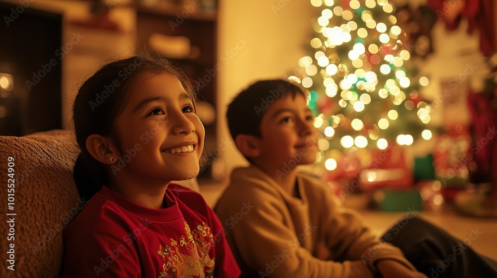 mexican siblings in a living room at christmas time mexican siblings in a living room at christmas time