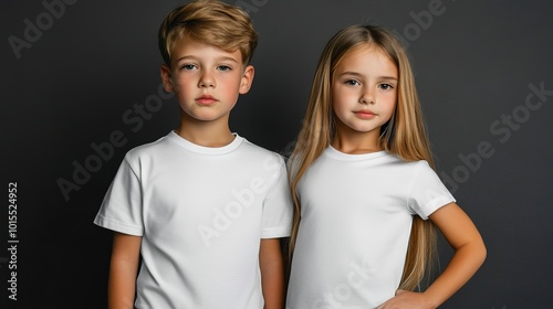 Male and female child, boy and girl, siblings wearing bella canvas white shirt mockup, at dark gray background. Design tshirt template, print presentation mock-up 