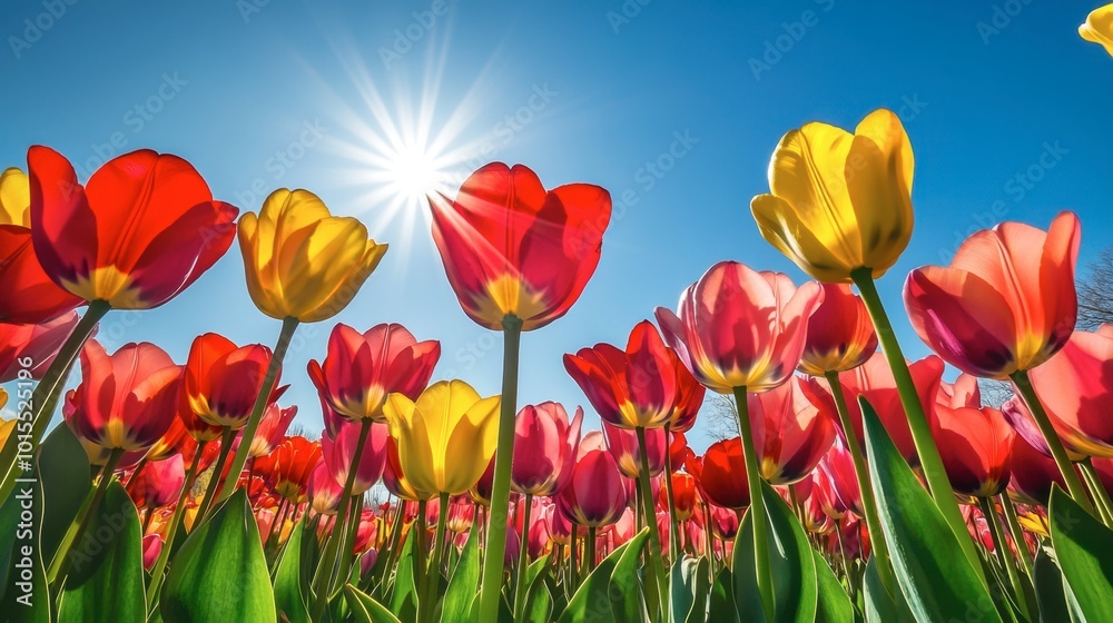A vibrant field of tulips in full bloom, with red, yellow, and pink petals under a clear blue sky, bathed in sunlight. A vibrant field of tulips in full bloom, with red, yellow, and pink petals under a clear blue sky, bathed in sunlight.